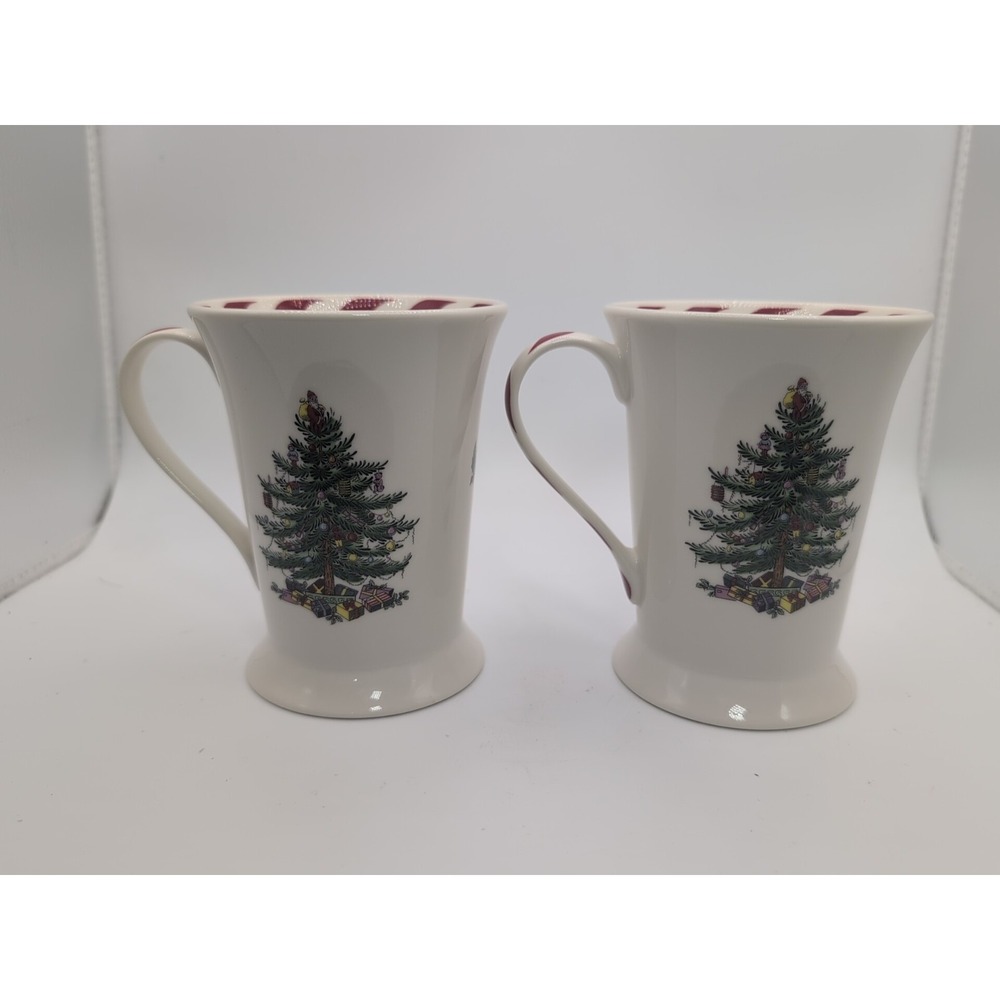 Spode Christmas Tree Holiday Mugs ~Peppermint Striped Trim and Handle ~Set of 2